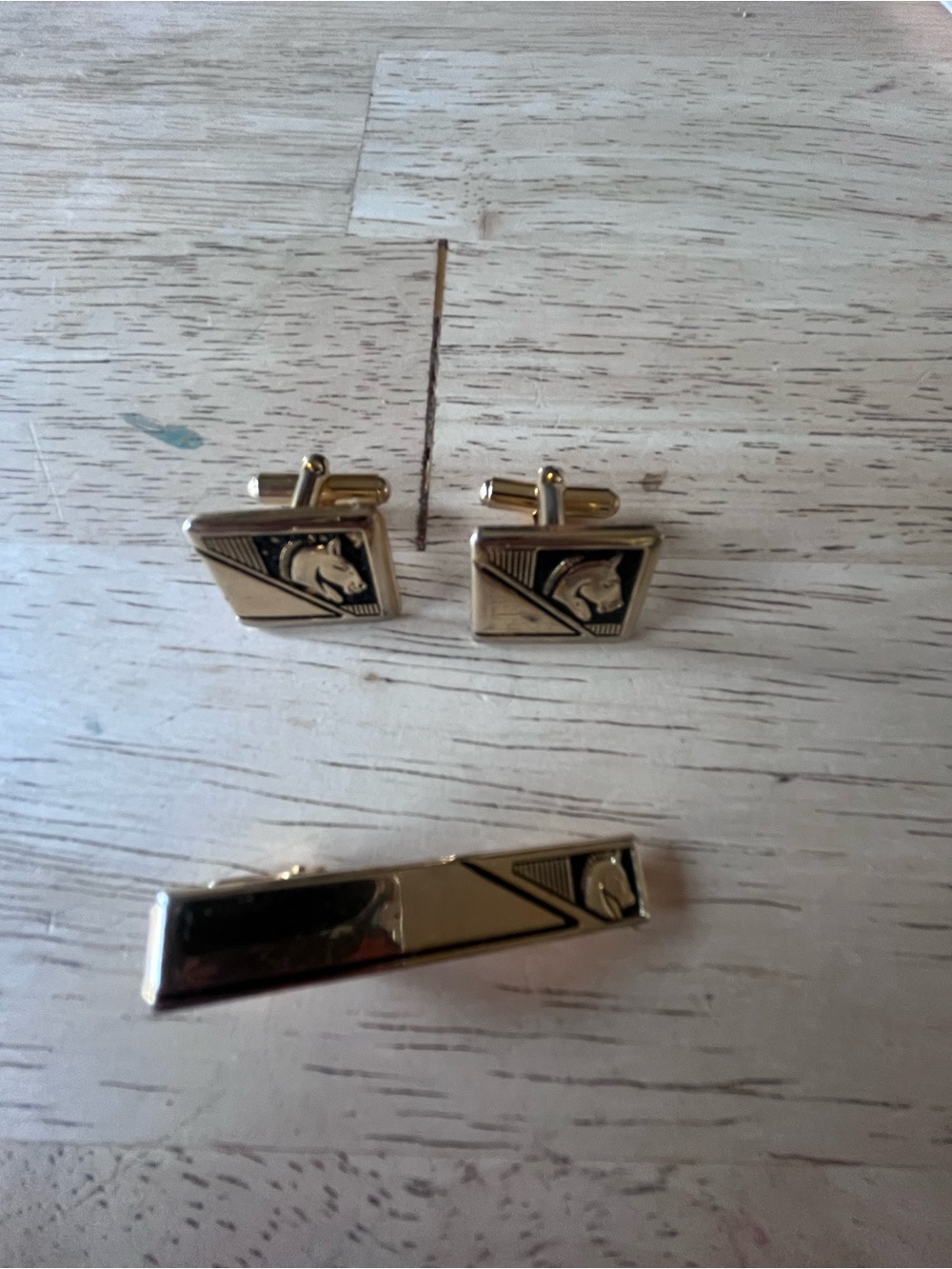 Gold Horse Motif Cufflinks and Tie Bar Set - Men Accessories